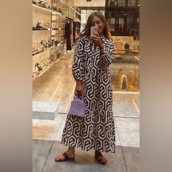 ZARA Black White Ecru Geometric Print Tunic Midi Dress Size XS Flowy Chic Shirt - Picture 5 of 5